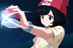  1girl beanie black_eyes black_hair bracelet commentary eyelashes hat highres holding holding_poke_ball jewelry medium_hair night outdoors parted_lips poke_ball poke_ball_(basic) pokemon pokemon_sm red_hat selene_(pokemon) shirt short_sleeves sky solo star_(sky) su1zide upper_body yellow_shirt z-ring 