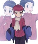  1boy :d black_hair black_pants blush closed_mouth commentary_request grey_eyes hat long_sleeves looking_at_viewer lucas_(pokemon) male_focus open_mouth oshi_taberu pants pokemon pokemon_(game) pokemon_dppt pokemon_platinum red_headwear scarf short_hair sleeves_past_wrists smile 