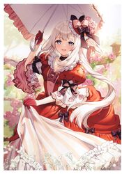  1girl absurdres blue_eyes bow dress fate/grand_order fate_(series) floral_print flower gloves hat hat_bow hat_flower highres holding holding_umbrella long_hair looking_at_viewer marie_antoinette_(fate/grand_order) open_mouth overskirt parasol pink_flower pink_rose puffy_short_sleeves puffy_sleeves red_dress red_gloves rose rose_print rosuuri scan short_sleeves smile solo twintails umbrella very_long_hair wall white_hair 