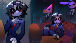  1boy 2girls @_@ alternate_costume animal_ears artist_name asymmetrical_eyes black_hair black_necktie black_suit blue_eyes blue_pants blue_suit blush closed_mouth colored_skin commentary couch english_commentary formal_clothes frown glass gloves hand_on_own_knee high_collar highres indoors jax_(the_amazing_digital_circus) knee_up long_sleeves looking_to_the_side mafia medium_hair multicolored_eyes multiple_girls multiple_views narrowed_eyes necktie no_mouth nomi_illust on_couch pants parted_lips pink_skin pomni_(the_amazing_digital_circus) purple_skin rabbit_boy rabbit_ears red_eyes red_necktie serious shirt sidelocks sitting standing suit table the_amazing_digital_circus two-tone_eyes upper_body vertical-striped_suit white_gloves white_shirt zooble_(the_amazing_digital_circus) 