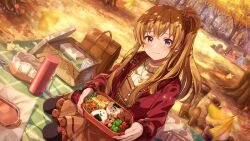  1girl bag bento black_pantyhose blue_eyes blush boots braid brown_bag brown_boots brown_dress brown_hair card_commentary cardigan closed_mouth commentary_request day dress dutch_angle food game_cg heart heart_necklace high_heel_boots high_heels idolmaster idolmaster_million_live! idolmaster_million_live!_theater_days jewelry kousaka_umi long_hair long_sleeves necklace official_alternate_costume official_alternate_hairstyle official_art omelet on_ground onigiri open_cardigan open_clothes outdoors pantyhose park picnic picnic_basket red_cardigan side_ponytail side_ponytail_with_braided_base sitting smile solo_focus tamagoyaki third-party_source tomato unworn_boots 