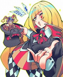  2girls absurdres andrich_galam animal_ears blonde_hair cape commentary dress english_commentary evening_gown facial_mark fake_animal_ears green_eyes hat highres holding holding_unworn_clothes holding_unworn_hat long_hair looking_at_viewer lusamine_(pokemon) mini_person multiple_girls pokemon pokemon_sm poker red_cape skirt smile striped_clothes striped_skirt unworn_hat unworn_headwear wicke_(pokemon) 