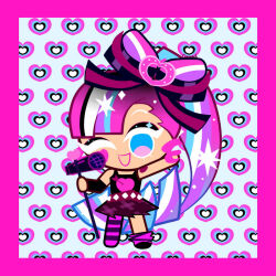 1girl belt blueberrycamille bow cookie_run cookie_run:_kingdom female glitter glitter_in_hair hair_ornament heart heart_on_cheek heart_tattoo holding holding_microphone_stand long_hair looking_at_viewer microphone microphone_stand multicolored_hair one_eye_closed pink_hair ponytail shining_glitter_cookie skirt smile stockings tank_top