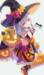  1girl ankle_boots ass back bare_shoulders bat blush boots bow character_request demon_tail detached_sleeves garter_straps hand_up hat high_heel_boots high_heels highres jack-o&#039;-lantern juliet_sleeves long_sleeves medium_hair puffy_sleeves purple_nails silver_hair sitting smile solo striped striped_legwear tail thigh-highs tomose_shunsaku violet_eyes wariza wings witch_hat 