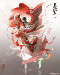  1boy absurdres alternate_costume aqua_eyes arm_guards asymmetrical_sleeves bird bird_brooch black_gloves black_hair bracelet cherry_blossoms chinese_clothes chinese_commentary chinese_text closed_mouth colored_inner_hair commentary_request crescent crescent_earrings crescent_necklace dan_feng_(honkai:_star_rail) dan_heng_(honkai:_star_rail) dan_heng_(imbibitor_lunae)_(honkai:_star_rail) dancing dragon_boy dragon_horns earrings eastern_dragon_horns en_pointe falling_flower falling_petals feather_boa full_body gloves gradient_background green_hair grey_background hair_between_eyes hand_up hanfu highres honkai:_star_rail honkai_(series) horn_ornament horns jade_(gemstone) jewelry long_hair long_sleeves looking_at_viewer luningzi male_focus mismatched_earrings mismatched_sleeves moon_phases multicolored_hair necklace pearl_necklace pendant petals pink_petals pointy_ears red_hanfu red_ribbon red_robe red_shawl red_veil reflection reflective_liquid ribbon ripples robe seal_impression shawl solo standing standing_on_one_leg swallow_(bird) tassel tassel_earrings tassel_necklace two-tone_hanfu unworn_veil veil very_long_hair watermark weibo_watermark white_background white_hanfu white_robe wide_sleeves 