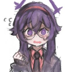  1boy 1girl blue_archive blush bright_pupils clenched_hand collared_shirt commentary_request flying_sweatdrops glasses hair_between_eyes hairband halo haruka_(blue_archive) jacket looking_at_viewer medium_hair necktie nervous nervous_sweating open_mouth outline portrait purple_hair purple_halo raised_inner_eyebrows red_hairband riseki round_eyewear shirt sidelocks simple_background sweat teardrop-framed_glasses thick_outlines violet_eyes white_background 