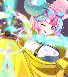  1girl blue_hair bow-shaped_hair breasts character_hair_ornament collarbone commentary_request criss-cross_halter fake_hair_bun hair_ornament halter_shirt halterneck hexagon_print iono_(pokemon) jacket long_hair long_sleeves medium_breasts multicolored_hair one_eye_closed oversized_clothes pink_hair pokemon pokemon_sv sleeves_past_fingers sleeves_past_wrists smile solo split-color_hair terastallization tomato_matoma tongue tongue_out two-tone_hair x_(symbol) yellow_jacket 