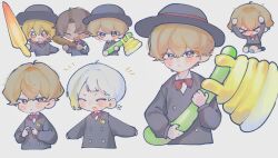  2boys 2girls baseball_bat black_hat black_shirt blonde_hair blush booooobam bow bowtie brown_hair chibi closed_eyes closed_mouth commentary_request cowboy_shot dark-skinned_male dark_skin don_quixote_(project_moon) hat heathcliff_(project_moon) highres inflatable_toy korean_commentary kromer_(project_moon) limbus_company multiple_boys multiple_girls open_mouth project_moon red_bow red_bowtie school_uniform shirt short_hair simple_background sinclair_(project_moon) white_background white_hair yellow_eyes 