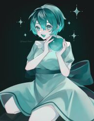  1girl :d ahoge ameyui_komori apple aqua_hair aqua_nails aqua_theme back_bow bare_arms black_background bow breasts colored_tongue commentary double-parted_bangs dress english_commentary fang food fruit full_body green_bow green_dress green_tongue grey_eyes hair_between_eyes hands_up highres holding holding_food holding_fruit medium_dress nail_polish open_mouth original pale_skin puffy_short_sleeves puffy_sleeves short_sleeves simple_background sitting small_breasts smile solo sparkle sparkle_background teeth tongue twitter_username upper_teeth_only wariza 