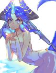  1girl bent_over blue_eyes blue_hair bright_pupils closed_mouth dated from_side hands_up highres horns long_hair looking_at_viewer multiple_horns navel no_nipples nude original signature single_horn solo tail yellow_pupils yun-yang 