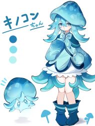  1girl blue_bow blue_bowtie blue_dress blue_eyes blue_hair bow bowtie commentary_request creature_and_personification dress full_body fungi_(genshin_impact) genshin_impact hair_between_eyes hand_up highres long_hair long_sleeves looking_at_viewer personification solo standing watari_0208 