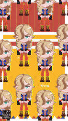  1boy arven_(pokemon) bag belt black_belt blue_vest brown_hair character_name chibi closed_mouth collared_shirt commentary_request frown hair_over_one_eye highres long_hair male_focus meme_(sleepsheep) multicolored_hair necktie open_clothes open_vest orange_necktie orange_pants pants pokemon pokemon_sv school_uniform shirt two-tone_hair uva_academy_school_uniform vest white_shirt yellow_bag 