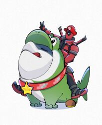  1boy closed_eyes collar commentary cosplay deadpool jeff_the_land_shark mario mario_(cosplay) marvel marvel_rivals name_tag riding shark smile super_mario_bros. superhero_costume sword sword_on_back tongue tongue_out untranslatable_commentary v weapon weapon_on_back white_background yamuoez yoshi yoshi_(cosplay) 