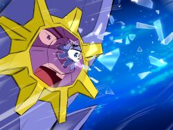  1boy aeug blue_eyes breaking broken_helmet cosplay gundam highres kamille_bidan m_s_paragus mega_starmie mega_starmie_(cosplay) open_mouth parody pokemon scene_reference starmie zeta_gundam 
