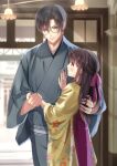  1boy 1girl black_hair blush couple eye_contact glasses grey_kimono hair_ribbon hakama hand_on_another&#039;s_chest hetero highres holding_hands indoors izumi_(stardustalone) japanese_clothes kimono light long_hair looking_at_another original pink_ribbon ribbon standing yellow_kimono 