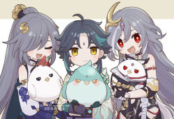  1boy 2girls :d ahoge animal asymmetrical_gloves bird black_choker black_gloves chicken china_dress chinese_clothes choker closed_eyes closed_mouth commentary_request company_connection corn_kuten crossover dress dual_persona earrings facial_mark fingerless_gloves forehead_mark fu_hua fu_hua_(azure_empyrea) genshin_impact gloves green_eyes green_hair hair_ornament hair_over_one_eye herrscher_of_sentience holding holding_animal honkai_(series) honkai_impact_3rd jewelry jingwei_(bird) long_hair long_sleeves looking_at_viewer mihoyo mismatched_gloves multiple_girls open_mouth ponytail red_eyes single_earring smile tattoo white_dress white_gloves xiao_(bird)_(genshin_impact) xiao_(genshin_impact) yellow_eyes 