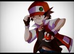  1boy badge baseball_cap black_gloves black_shirt brown_hair closed_mouth commentary fingerless_gloves gloves hand_on_headwear hat highres holding holding_poke_ball jacket male_focus navel orange_eyes pants poke_ball poke_ball_(basic) pokemon pokemon_(game) pokemon_rgby red_(pokemon) sbj_rocketlink shirt short_sleeves solo 