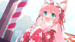  1girl animal_ears artist_request black_hairband blue_eyes commentary_request day fang flower frilled_hairband frilled_kimono frills fur-trimmed_kimono fur_trim furisode hair_flower hair_ornament hair_ribbon hairband japanese_clothes kimono monster_musume_td official_art open_mouth palms_together pink_hair praying red_kimono red_ribbon ribbon shrine smile solo torii upper_body vivi_vache_(monmusu_td) 
