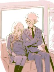  1boy 1girl aki_(neyuki41028) analogous_colors anti_(ssss.gridman) bag closed_eyes closed_mouth crossed_arms formal_clothes gridman_universe gridman_universe_(movie) highres jacket long_sleeves necktie official_alternate_costume on_train school_bag school_uniform shinjou_akane shirt short_hair sitting skirt sleeping socks suit sword train warm_colored weapon 