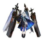  1girl animal_ear_fluff animal_ears arknights bangs bare_legs black_footwear blue_cape blue_gloves boots cape cat_ears cat_tail dress full_body gloves green_eyes highres long_hair looking_at_viewer official_art rosmontis_(arknights) short_dress silver_hair solo standing tail transparent_background white_dress yui_(niikyouzou) 