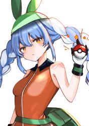  1girl absurdres alternate_costume bag bandana blue_hair closed_mouth commentary_request gloves green_bag green_bandana highres holding holding_poke_ball hololive honnoshioriii looking_at_viewer may_(pokemon) multicolored_hair orange_eyes orange_shirt poke_ball poke_ball_(basic) pokemon pokemon_emerald pokemon_rse rabbit-shaped_pupils shirt short_eyebrows sleeveless sleeveless_shirt symbol-shaped_pupils two-tone_hair usada_pekora virtual_youtuber white_background white_gloves white_hair 