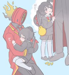  1boy 1other black_jacket black_pants black_shirt black_shoes black_shorts clock coat collared_shirt commentary fire jacket kindergarten_uniform lapels limbus_company long_sleeves necktie notched_lapels object_head pants petting project_moon red_coat red_necktie shirt shoes shorts snot_trail sweatdrop tama_launcher translated yellow_trim yi_sang_(project_moon) 