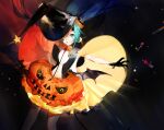  1girl alternate_costume aqua_eyes aqua_hair bat_wings black_gloves black_headwear candy crescent_moon earrings feet_out_of_frame food gloves halloween halloween_costume hat hatsune_miku jack-o&#039;-lantern jewelry lollipop looking_at_viewer moon navel necktie one_eye_closed orange_neckwear parted_lips smile solo sparkle star_(symbol) twintails vocaloid wings witch_hat yyb 