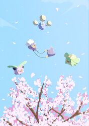  absurdres amazora_owl_02 blue_sky blush cherry_blossoms closed_eyes commentary_request day ditto drifloon evolutionary_line highres hoppip jumpluff no_humans open_mouth outdoors pokemon pokemon_(creature) pokemon_focus pokemon_pokopia red_eyes skiploom sky smile tree 