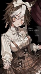  absurdres alternate_costume animal_ears bow breasts brown_corset brown_eyes brown_skirt closed_mouth clothes_lift commentary commission corset curtains english_commentary hair_bow highres horse_ears horse_girl indie_virtual_youtuber large_breasts lifting_own_clothes long_sleeves looking_at_viewer multicolored_hair nanjo_maya second-party_source shirt skeb_commission skirt skirt_lift smile solo standing tomoe_umari virtual_youtuber white_bow white_hair white_shirt 