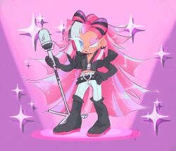 1girl belt boots bow-shaped_hair cookie_run cookie_run:_ovenbreak cropped_jacket ear_piercing eyelashes female glitter glitter_in_hair glitter_makeup headset heart holding holding_microphone_stand long_hair makeup microphone microphone_stand multicolored_hair pants piercing pink_hair shining_glitter_cookie smile third-party_source white_pants