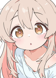  1girl absurdres blush brown_eyes child close-up collarbone highres leims_(urje8584) long_hair looking_at_viewer onii-chan_wa_oshimai! open_mouth oyama_mahiro pink_hair shirt simple_background solo solo_focus white_background white_shirt 