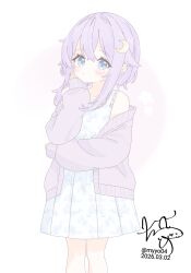  1girl blue_eyes blush cardigan chame_(myyo04) closed_mouth commentary_request cowboy_shot dated dot_mouth dress hair_flaps hair_intakes kantai_collection looking_at_viewer open_cardigan open_clothes purple_cardigan short_hair_with_long_locks sidelocks signature simple_background sleeves_past_wrists solo sundress twitter_username white_background white_dress yayoi_(kancolle) 