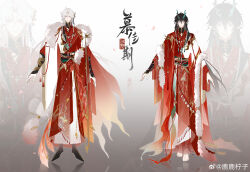  2boys absurdres alternate_costume ankle_ribbon anklet aqua_eyes arm_guards asymmetrical_sleeves barefoot bell bird bird_brooch black_boots black_hair black_sash blade_(honkai:_star_rail) boots cape chinese_clothes chinese_commentary chinese_text closed_mouth commentary_request crescent crescent_earrings crescent_necklace curtained_hair dan_feng_(honkai:_star_rail) dan_heng_(honkai:_star_rail) dan_heng_(imbibitor_lunae)_(honkai:_star_rail) dragon_boy dragon_horns earrings eastern_dragon_horns feathers flame_print flower full_body gradient_background green_ribbon grey_background hair_between_eyes hair_flower hair_ornament hanfu highres honkai:_star_rail honkai_(series) horn_ornament horns iridescent_clothes jade_(gemstone) jewelry jingle_bell leg_ribbon long_hair long_sleeves looking_at_viewer luningzi male_focus matching_outfits mismatched_sleeves moon_phases multiple_boys necklace parted_bangs parted_lips pearl_necklace pelvic_curtain pendant plume pointy_ears red_cape red_feathers red_hanfu red_ribbon red_robe reference_sheet reflective_floor ribbon robe sash seal_impression side-by-side single_earring smile star_(symbol) star_necklace straight-on swallow_(bird) tassel tassel_earrings tassel_necklace two-tone_hanfu very_long_hair violet_eyes waist_sash watermark weibo_watermark white_background white_hair white_hanfu white_robe wide_sleeves yingxing_(honkai:_star_rail) zoom_layer 