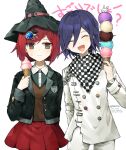  1boy 1girl arm_behind_back artist_name bangs black_hair black_headwear black_jacket breasts checkered checkered_scarf closed_eyes closed_mouth dalrye_v3 dangan_ronpa facing_viewer food gem hair_between_eyes hair_ornament hairclip hand_up hat holding ice_cream ice_cream_cone jacket long_hair long_sleeves looking_at_viewer medium_breasts new_dangan_ronpa_v3 open_mouth ouma_kokichi pants pleated_skirt purple_hair red_eyes red_skirt redhead repost_notice scarf school_uniform shirt short_hair skirt smile straitjacket sweatdrop symbol_commentary translation_request violet_eyes white_pants white_shirt witch_hat yumeno_himiko 