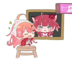  2girls =_= ahoge akami_karubi anger_vein animal_ear_hairband animal_ears blush_stickers cat_ears cat_girl chibi chibi_only coat crazy_raccoon dated_commentary dotty-44 exit_sign fake_animal_ears flower hair_flower hair_ornament hairband hairclip hololive long_hair multiple_girls on_stool pink_hair red_coat red_hair sakura_miko sakura_miko_(loungewear) shirt simple_background sparkle stool t-shirt 