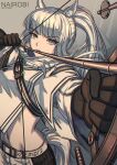  1girl animal_ear_fluff animal_ears arknights arrow_(projectile) bangs black_gloves bow_(weapon) commentary drawing_bow gloves grey_background grey_eyes highres holding holding_bow_(weapon) holding_weapon long_hair long_sleeves looking_at_viewer midriff nairobi_song navel platinum_(arknights) silver_hair solo stomach tail upper_body weapon 