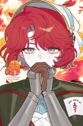  1girl blue_eyes cape covered_mouth gauntlets green_cape hands_up hat looking_at_viewer marsha_(reverse:1999) mole mole_under_eye orange_background pa1 portrait red_background red_hair reverse:1999 short_hair solo two-tone_background watermark white_hat 