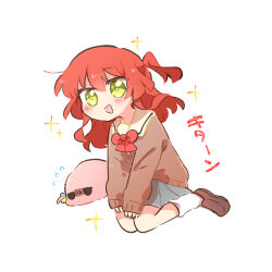  1girl bocchi_the_rock! bow bowtie bright_pupils brown_shoes brown_sweater commentary_request flying_sweatdrops full_body gotoh_hitori gotoh_hitori_(tsuchinoko) grey_skirt kita_ikuyo long_hair long_sleeves looking_at_viewer miniskirt one_side_up open_mouth pleated_skirt rebecca_(keinelove) red_bow red_bowtie red_hair shoes simple_background sitting skirt smile socks sparkle sweater tsuchinoko white_background white_pupils white_socks yellow_eyes 