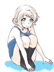 1girl armpit_crease ass black_socks blue_background blue_eyes blue_one-piece_swimsuit blush breasts brown_hair collar competition_swimsuit full_body grey_hair kneehighs leotard loafers looking_at_viewer love_live! love_live!_sunshine!! nose_blush one-piece_swimsuit school_swimsuit shinanoya_(satanicad) shoes short_hair simple_background sitting socks solo swimsuit thighs watanabe_you wavy_hair white_background