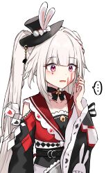  ... 1girl absurdres bell black_hat clothing_cutout commentary_request diamond_(shape) diamond_facial_mark facial_mark frilled_sailor_collar frills hat hat_ornament heart heart_facial_mark highres honkai:_star_rail honkai_(series) jingle_bell long_hair long_sleeves looking_ahead mini_hat mini_top_hat multicolored_hair open_mouth pink_eyes rabbit_hat_ornament red_hair red_sailor_collar red_shirt sailor_collar shirt shoulder_cutout simple_background slap_mark solo sparkle_(honkai:_star_rail) sparxie_(honkai:_star_rail) spoken_ellipsis streaked_hair top_hat twintails two-tone_hair upper_body white_background white_hair wide_sleeves yamato_(muchuu_paradigm) 