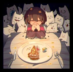  1other :3 animal annoying_dog artistic_error asaiiro black_border bob_cut border brown_hair butter_knife center-flap_bangs child chromatic_aberration closed_eyes closed_mouth commentary dog double-parted_bangs english_commentary english_text engrish_commentary engrish_text facing_viewer flower flower_on_head food fork frisk_(undertale) from_above greater_dog grey_sweater hair_behind_ear hair_between_eyes hands_up highres interlocked_fingers knife lesser_dog light_particles long_sleeves other_focus own_hands_clasped own_hands_together pie pie_slice pink_sweater plate puffy_long_sleeves puffy_sleeves ranguage short_hair simple_background smile solo straight-on striped_clothes striped_sweater sweater table two-tone_sweater undertale upper_body utdr_(toby_fox) white_dog wooden_table yellow_flower 