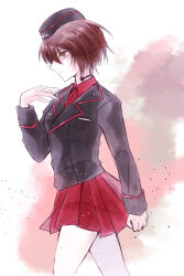  1girl ashes black_hat black_jacket brown_eyes brown_hair clenched_hand cross debris dress_shirt garrison_cap girls_und_panzer hat highres iron_cross jacket kuromorimine_military_uniform long_sleeves looking_at_viewer military military_hat military_uniform military_vehicle mimoe miniskirt nishizumi_maho pleated_skirt red_shirt red_skirt shirt short_hair skirt solo throat_microphone walking 