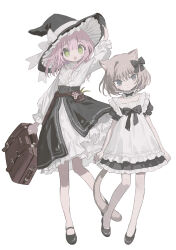  2girls absurdres animal_ears apron belt bib_collar black_bow black_choker black_dress black_hat black_shoes black_skirt bow bow_choker briefcase brown_belt brown_eyes brown_hair cat_ears cat_tail choker closed_mouth commentary_request commission dress expressionless frilled_choker frilled_dress frilled_hat frilled_sleeves frills hair_bow hand_on_headwear hat hat_bow height_difference highres holding holding_briefcase long_hair long_sleeves maid_apron mary_janes multiple_girls namoku_(namottttt) no_socks open_mouth original pink_hair puffy_short_sleeves puffy_sleeves shirt shoes short_hair short_sleeves simple_background skirt smile tail tareme tsurime white_apron white_background white_bow white_shirt witch_hat 