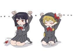  1boy 1girl black_hair black_hat black_shirt black_shorts black_skirt blonde_hair bow closed_eyes closed_mouth couple full_body hand_up hands_up hat hat_bow hetero limbus_company project_moon red_bow red_eyes ryoshu_(project_moon) school_uniform shirt shorts shyendling sinclair_(project_moon) sitting skirt sword tears weapon 