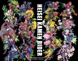  6+boys armor belt black_background black_bodysuit black_helmet blay_buckle blay_rouzer blue_armor blue_bodysuit blue_eyes blue_helmet bodysuit card chain compound_eyes crossover decadriver den-o_belt dengasher_sword_mode dragon dragvisor everyone faiz_driver flower full_armor full_body gloves glowing glowing_eyes gold_horns green_eyes green_helmet group_picture heisei helmet heterochromia highres holding holding_sword holding_weapon hood hood_up horns in-franchise_crossover jo_mawe kabuto_zecter kamen_rider kamen_rider_555 kamen_rider_agito kamen_rider_agito_(ground_form) kamen_rider_agito_(series) kamen_rider_blade kamen_rider_blade_(series) kamen_rider_build kamen_rider_build_(series) kamen_rider_dcd kamen_rider_decade kamen_rider_den-o kamen_rider_den-o_(series) kamen_rider_den-o_(sword_form) kamen_rider_drive kamen_rider_drive_(series) kamen_rider_ex-aid kamen_rider_ex-aid_(series) kamen_rider_fourze kamen_rider_fourze_(series) kamen_rider_gaim kamen_rider_gaim_(series) kamen_rider_ghost kamen_rider_ghost_(series) kamen_rider_hibiki kamen_rider_hibiki_(series) kamen_rider_kabuto kamen_rider_kabuto_(series) kamen_rider_kiva kamen_rider_kiva_(series) kamen_rider_kuuga kamen_rider_kuuga_(mighty_form) kamen_rider_kuuga_(series) kamen_rider_ooo kamen_rider_ooo_(series) kamen_rider_ryuki kamen_rider_ryuki_(series) kamen_rider_wizard kamen_rider_wizard_(series) kamen_rider_zi-o kamen_rider_zi-o_(series) kivat_belt looking_at_viewer male_focus mask multiple_boys ongekibou_rekka oni orange_eyes orange_helmet pink_armor red_armor red_eyes red_helmet ride_booker rider_belt rider_belt_(kabuto) rider_brace rouse_absorber rouse_card shoulder_armor signature simple_background standing sword tokusatsu weapon white_bodysuit white_helmet wings yellow_eyes zect_buckle 