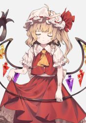  1girl ascot back_bow blonde_hair bow closed_eyes closed_mouth collared_shirt commentary_request crossed_bandaids crystal crystal_wings defeat facing_viewer flandre_scarlet frilled_shirt_collar frills grey_background hat highres holding holding_own_skirt holding_weapon keiki8296 laevatein_(touhou) long_hair mob_cap multicolored_wings one_side_up puffy_short_sleeves puffy_sleeves red_skirt red_vest revision shirt short_sleeves simple_background skirt skirt_set solo sweatdrop torn_clothes torn_hat torn_shirt torn_vest touhou vest weapon white_bow white_hat white_shirt wings yellow_ascot 