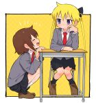  2girls blonde_hair blue_eyes blush brown_hair chair desk hair_ribbon highres kill_me_baby long_hair meis_(terameisu) multiple_girls necktie open_mouth oribe_yasuna pleated_skirt red_neckwear ribbon school_desk school_uniform shirt short_hair sitting skirt smile sonya_(kill_me_baby) twintails violet_eyes 