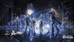  2boys 3girls ambience_synesthesia animal_ear_fluff animal_ears ankle_belt architecture arknights asymmetrical_clothes asymmetrical_coat belt belt_boots bird bird_boy bird_girl black_belt black_boots black_coat black_dress black_gloves black_horns black_jacket black_pants black_pantyhose black_shawl black_shoes black_skirt black_tail blonde_hair blue_eyes blue_jacket boots bracelet braid brown_hair cane closed_mouth coat collared_shirt copyright_name degenbrecher_(arknights) dragon_girl dragon_horns dragon_tail dress falcon feather_hair frilled_dress frilled_sleeves frills from_behind gloves goat_ears goat_girl goat_horns goat_tail gold_bracelet grey_coat grey_scarf hair_between_eyes hand_in_pocket high_heel_boots high_heels highres holding holding_cane holding_shield holding_sword holding_weapon horns jacket jewelry lapels long_hair looking_at_viewer looking_back low_ponytail magallan_(arknights) mesh moon multicolored_coat multicolored_hair multiple_boys multiple_girls night notched_lapels official_alternate_costume official_art open_clothes open_coat open_jacket orange_eyes pants pantyhose parted_bangs passenger_(arknights) pink_hair ponytail puffy_sleeves reflective_floor ribbed_sweater ripples saria_(arknights) saria_(unstained_unshaken)_(arknights) scarf see-through_clothes see-through_shawl shawl shield shirt shoes short_hair short_tail silverash_(arknights) silverash_the_reignfrost_(arknights) skirt sky smile snow_leopard_boy snow_leopard_ears snow_leopard_tail spiked_tail standing star_(sky) starry_sky streaked_hair striped_clothes striped_pants sweater sword tail tailcoat tenzin_(arknights) turtleneck turtleneck_shirt turtleneck_sweater two-tone_coat two-tone_dress two-tone_hair vertical-striped_clothes vertical-striped_pants very_long_hair walking water water_drop weapon white_coat white_dress white_hair white_shirt white_sweater wrist_belt yellow_eyes 