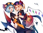  alternate_color ass_cutout back_bow back_cutout bag bat bat_wings black_bow black_dress black_headwear black_shirt blonde_hair blue_hair bow butt_crack candy clothing_cutout commentary cravat crystal dress flandre_scarlet food hair_between_eyes halloween hat hat_ribbon ikasoba jack-o&#039;-lantern_print laevatein_(tail) lollipop macaron mob_cap orange_bow red_ribbon red_skirt red_vest remilia_scarlet ribbon sharp_teeth shirt short_hair short_sleeves shoulder_bag siblings side_ponytail simple_background sisters skirt striped striped_legwear tail teeth thigh-highs touhou vest white_background wings wrapped_candy wrist_cuffs wrist_grab yellow_neckwear 