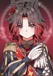  ahoge animal_ears blush brooch brown_hair checkered_collar closed_mouth commentary_request ear_flower ear_ornament epaulettes flower flower_brooch four-pointed_star gloves gradient_hair highres horse_ears horse_girl jacket jewelry long_sleeves looking_at_viewer multicolored_hair okapun print_sash red_hair red_sash rose_kingdom_(umamusume) sash short_hair single_epaulette two-tone_hair umamusume upper_body vertical-striped_sleeves white_gloves 
